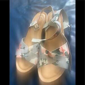 Grey floral platforms. Buckle closure. Worn twice.